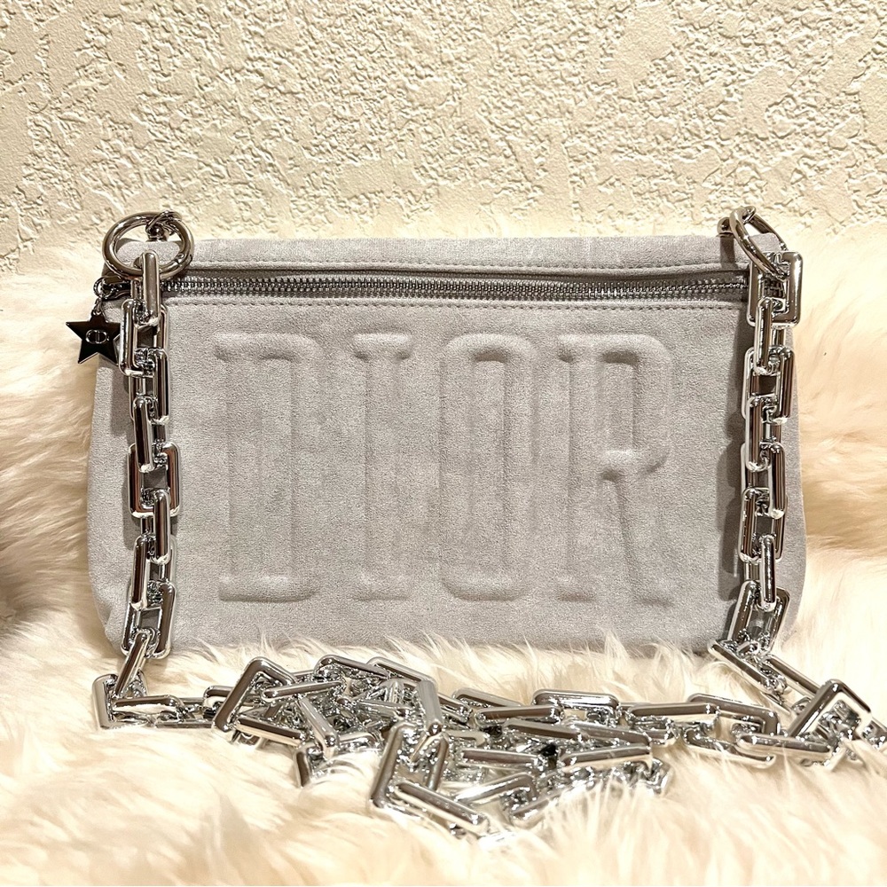 Dior Grey Suede Beauty Cosmetic Clutch to Crossbody Bag Shoulder Bag